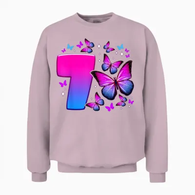 Birthday Girl 7 Years Old Butterfly Number 7 T-Shirt, Black Unisex Sweatshirt - Light Pink