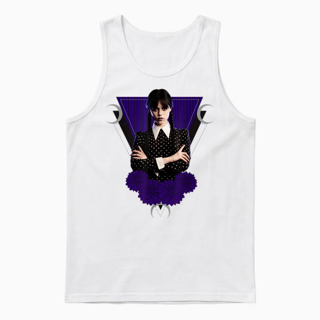 Mittwochsserie Mittwoch Schwarze Dahlien Und Monde Unisex Tank Top in White