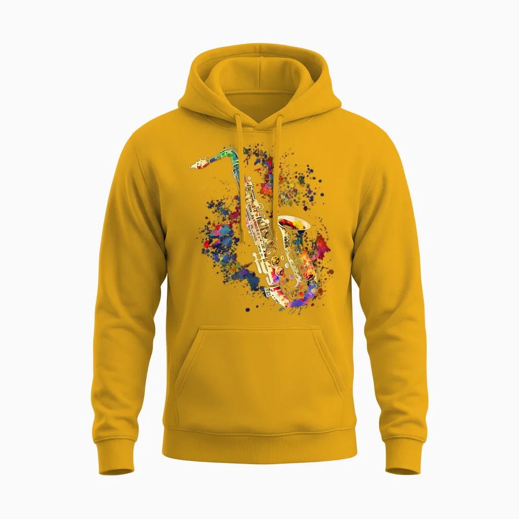 Saxophone Musician Saxophone Gift T-Shirt, Black Unisex Hoodie in Gold