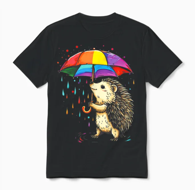 Cute Hedgehog Pattern Rainbow Umbrella T-Shirt, Black, S Unisex T-Shirt in Black