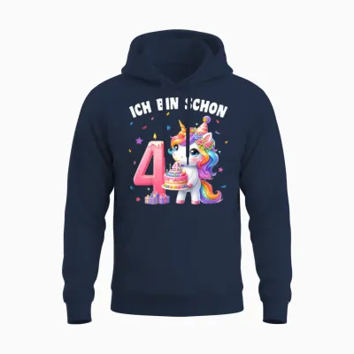 Children's 4th Birthday Girl 4 Years Unicorn Party Outfit Unicorn T-Shirt, Black Unisex Hoodie - Navy