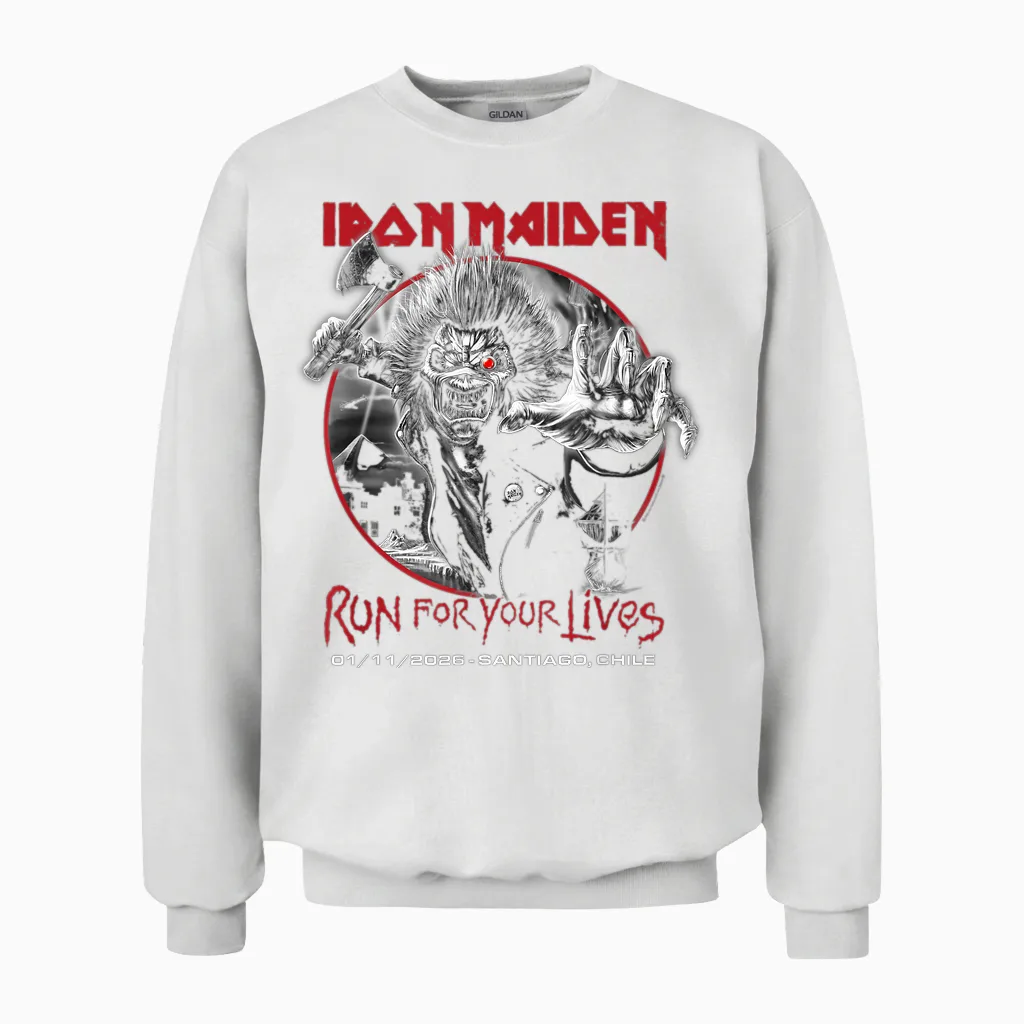 Iron Maiden Run for Your Lives Tour 2026 Santiago Ii Unisex Sweatshirt in White