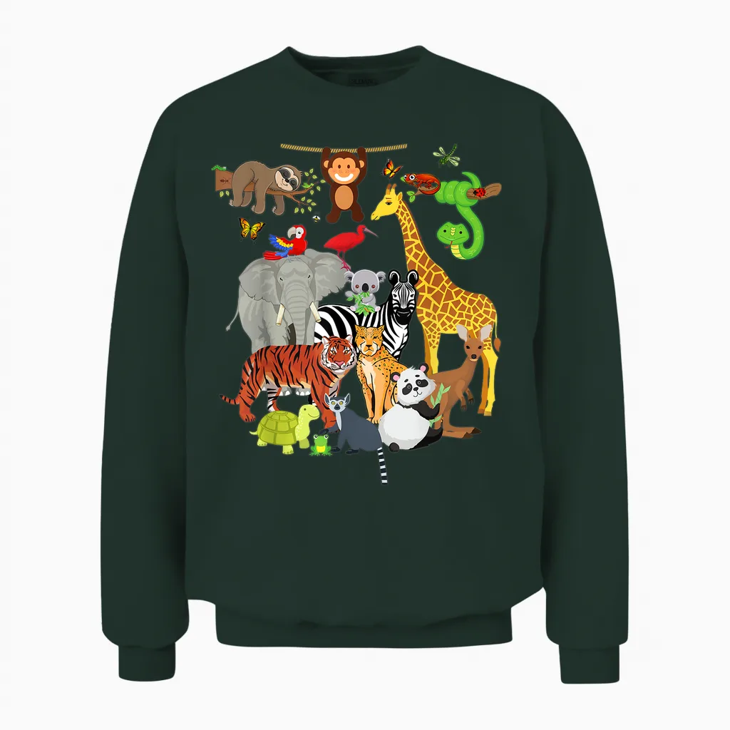Zoo Animals Wildlife Birthday Party Zoo Day 26 Animals Unisex Sweatshirt in Forest