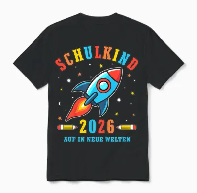 Kinder Schulkind 2026 Auf in Neue Welten Rakete Jungen Unisex T-Shirt - Black