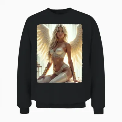 Sexy Brunette Angel Pinup Girl Long Sleeve Print Unisex Sweatshirt - Black