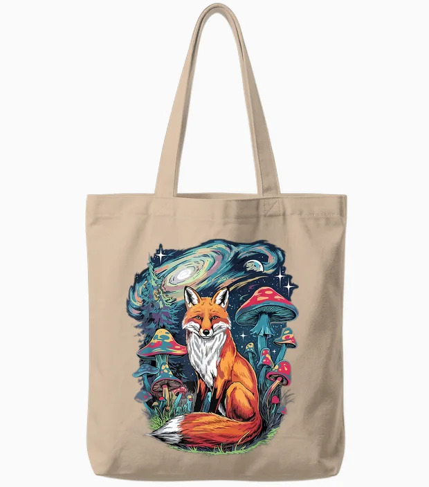 Trippy Psychedelic Fox Foxes Tote Bags in Natural
