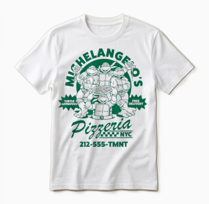 Teenage Mutant Ninja Turtles Michelangelo's Vintage Pizzeria T-Shirt, White, S Unisex T-Shirt in White