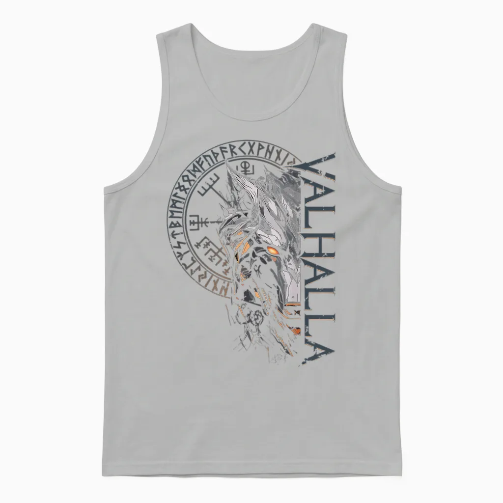Walhalla Wolf Wolves Odins Runes Nordic Compass Viking T-Shirt, Black Unisex Tank Top in Ash