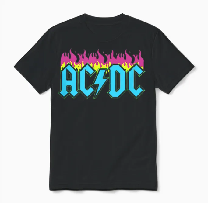 Official Ac/dc Rock Music Band Neon Flames Logo Unisex T-Shirt in Black