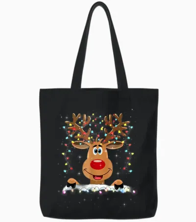Christmas Woman Man Child Reindeer Nose Red Cute Funny T-Shirt, Black, S Tote Bags - Black