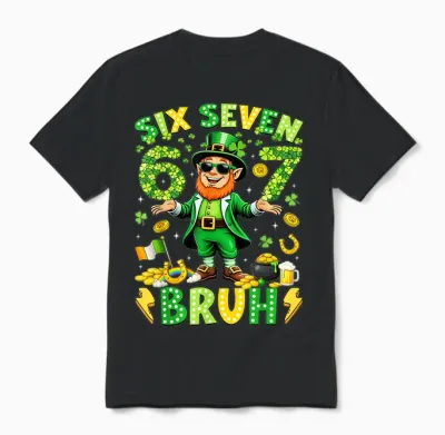 Six Seven Bruh St Patricks Day Leprechaun Meme 6 7 Boys Unisex T-Shirt - Black