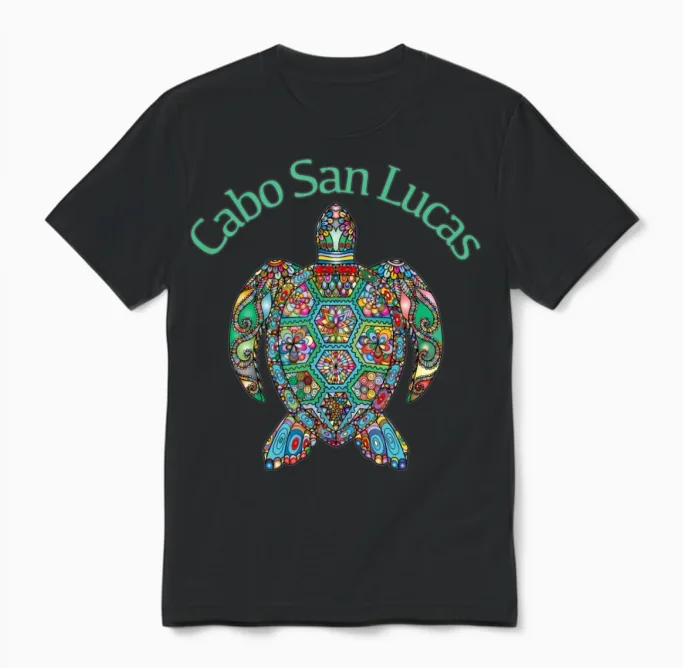 Cabo San Lucas Tribal Turtle Unisex T-Shirt in Black