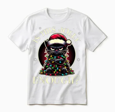 Is This Jolly Enough Funny Black Cat Christmas Tree Lights Unisex T-Shirt - White