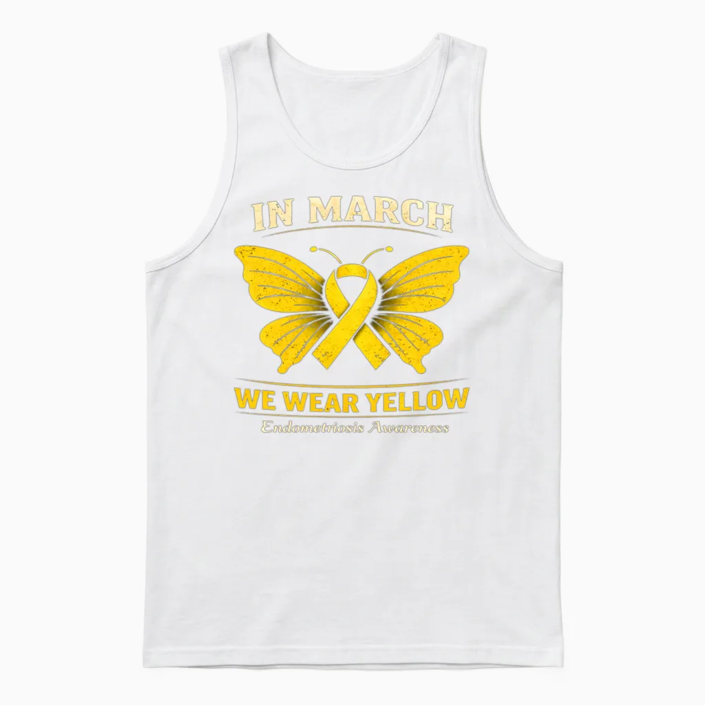 In March We Wear Yellow Endometriosis Awareness Unisex Tank Top in White