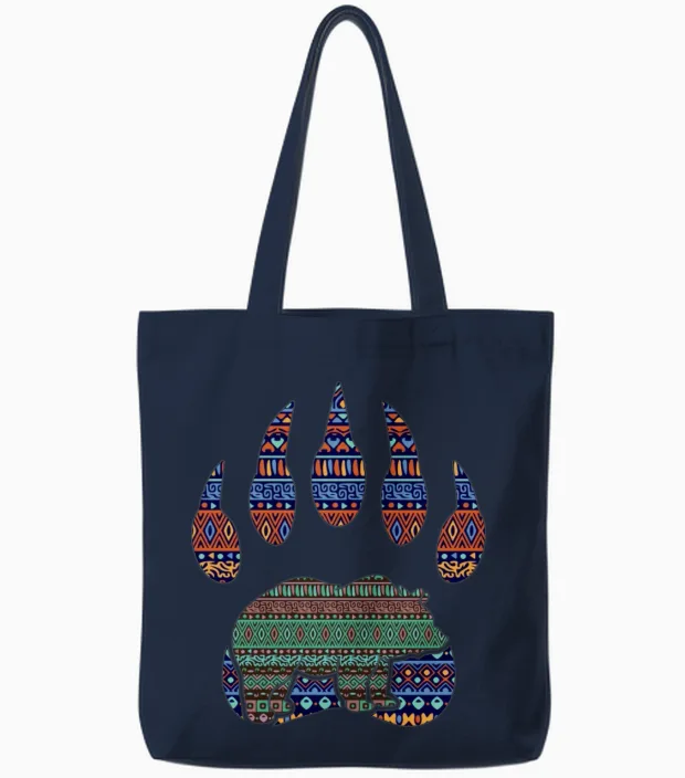 Native American Bear Claw Wildlife Tote Bags in Navy