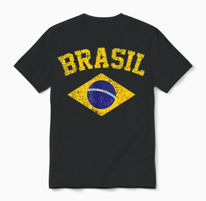 Brazilian National Flag Vintage Patriotic Football Brazil Unisex T-Shirt in Black