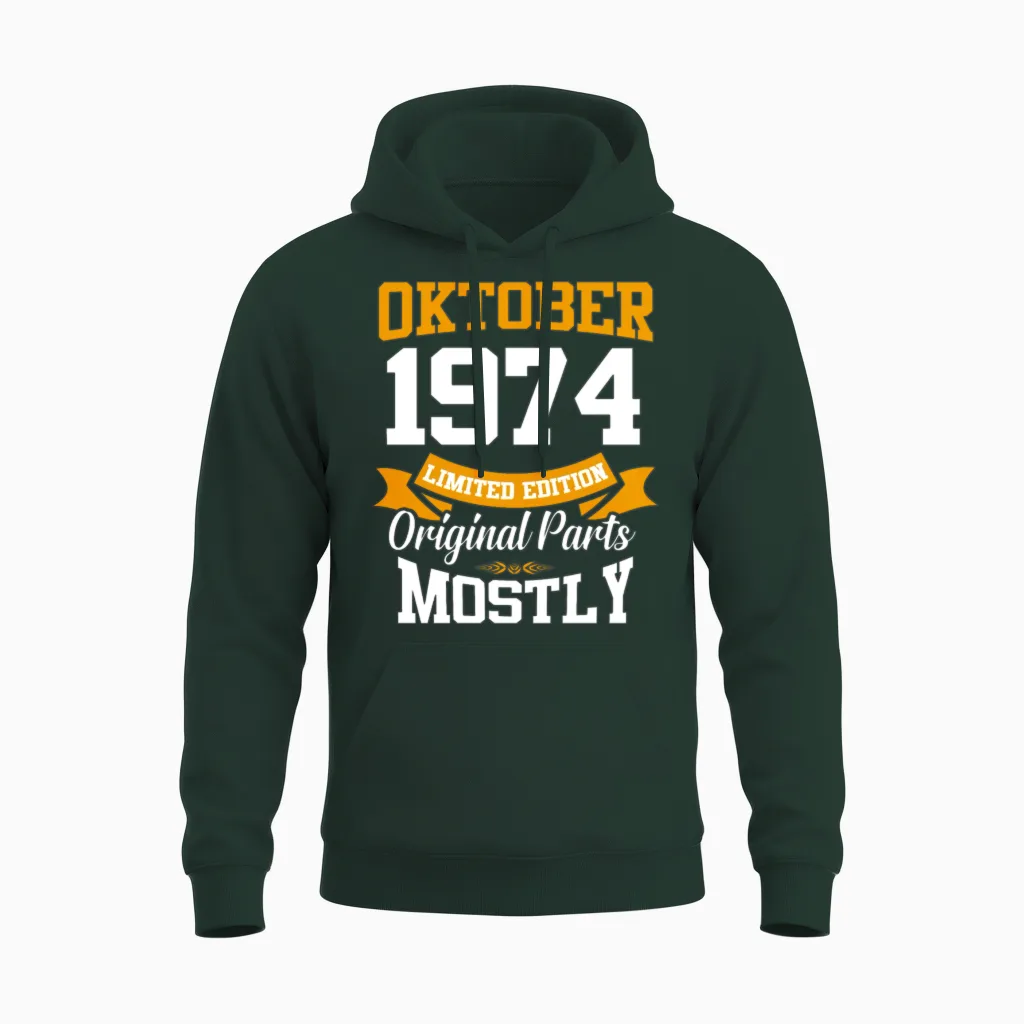 October 1974 Vintage Birthday Present Unisex Hoodie in Forest