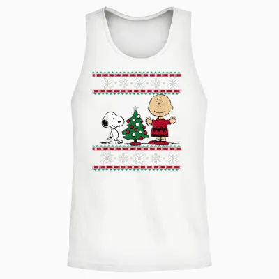 Peanuts Snoopy and Charlie Christmas Tree Short Sleeve T-Shirt Blue Unisex Tank Top - White