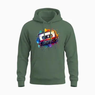 Colorful Retro Music Cassette Unisex Hoodie - Military Green