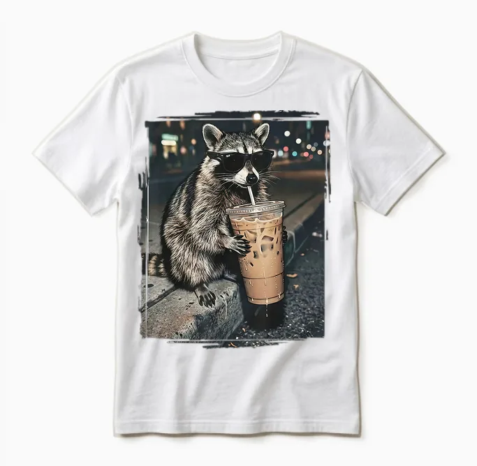 Raccoon Drinking Iced Coffee Funny Animal Meme Men Women Unisex T-Shirt in White