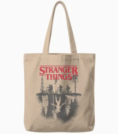 Stranger Things Silhouette Forest Logo T-Shirt, White, S Tote Bags - Natural