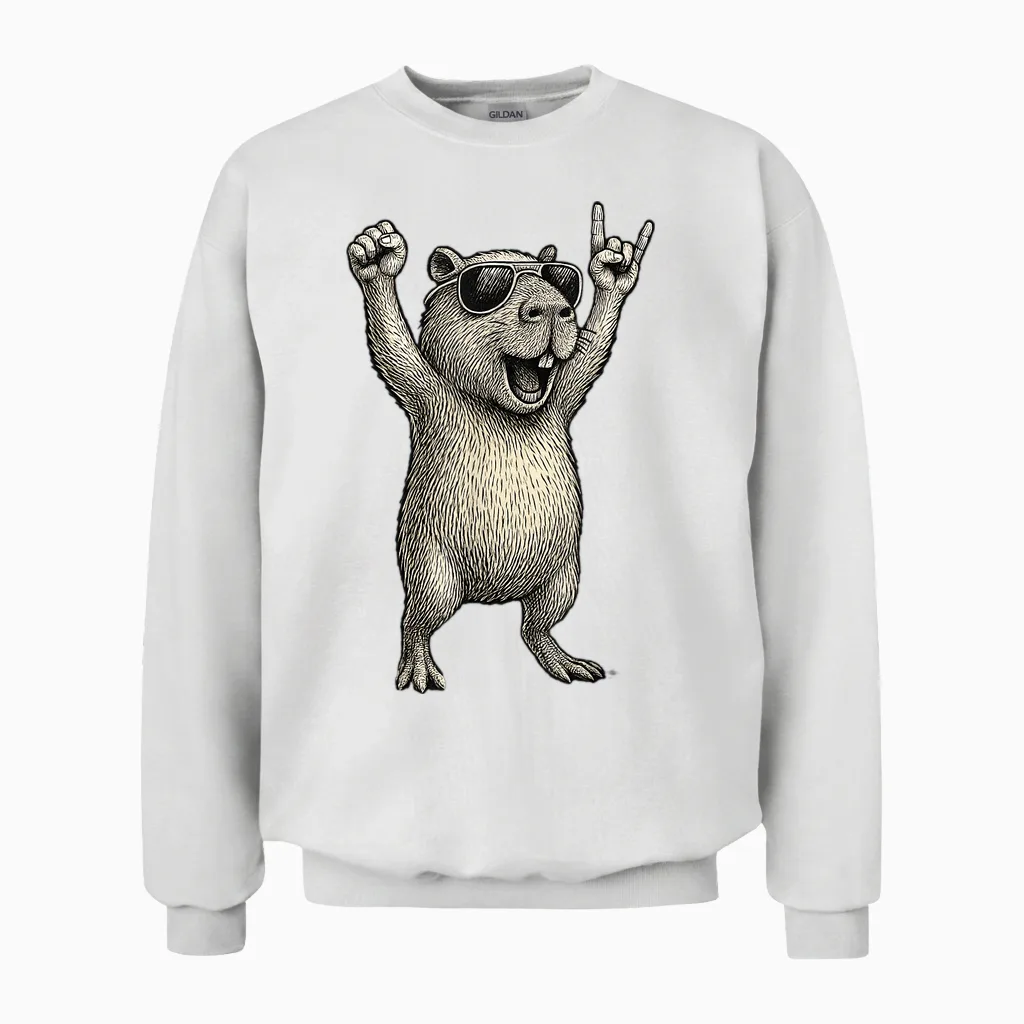 Capybara Racoon Hard Rock Heavy Metal Capybara Unisex Sweatshirt in White