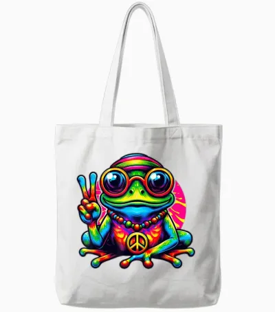 Batik-Hippie-Frog Peace Sign 70s 60s Party T-Shirt, Black, S Tote Bags - White