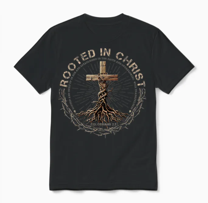Rooted in Christ Shirt, Jesus Shirts, Christian Cross Unisex T-Shirt in Black