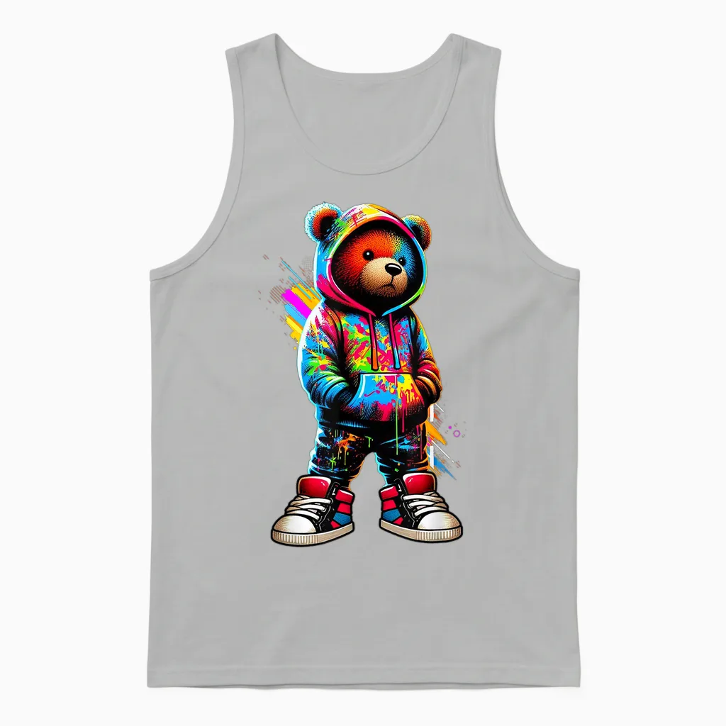 Colorful Hip Hop Teddy Bear Urban Rap Music Breakdance T-Shirt, Black, S Unisex Tank Top in Ash