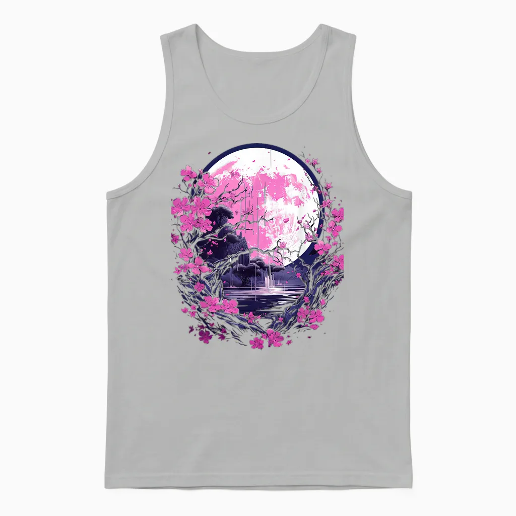Japanese Cherry Blossom Cherry Blossom and Moon Japan T-Shirt, Black Unisex Tank Top in Ash