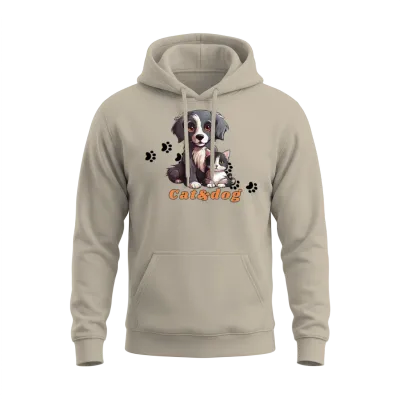 Cute Gray Cat and Dog Wit Each Other Unisex Hoodie - Sand