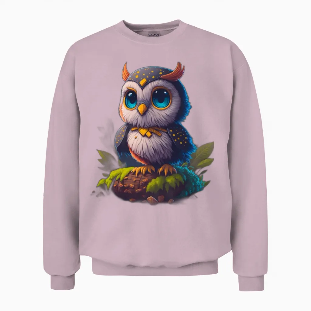 Detailed Cute Owl Design Unisex Sweatshirt in Light Pink