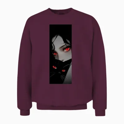 Crimson-Eyed Night with Black Cat Unisex Sweatshirt - Maroon