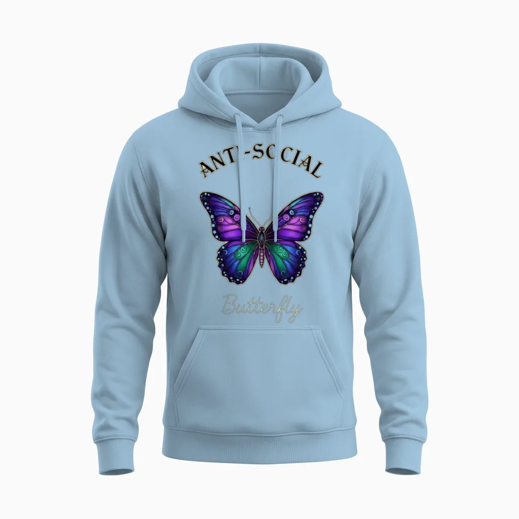 Anti-Social Butterfly: Purple Aesthetic Edition Unisex Hoodie in Light Blue