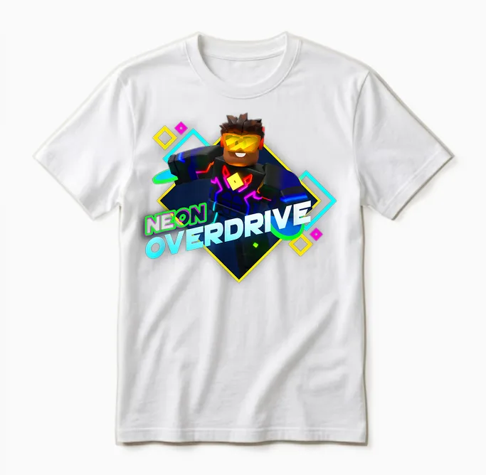 Roblox Black Neon Overdrive Classic Fit T-Shirt - Adult Crew Neck Short Sleeve Cotton and Polyester Unisex T-Shirt in White