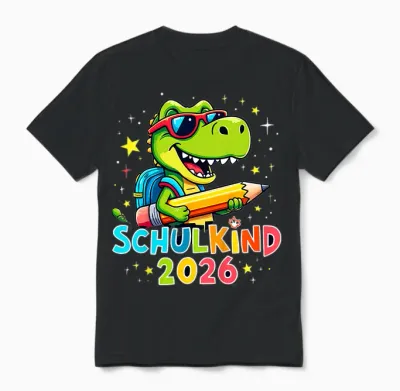 Schulkind 2026 Dino T-Rex Cool Einschulung Erste Klasse Unisex T-Shirt - Black