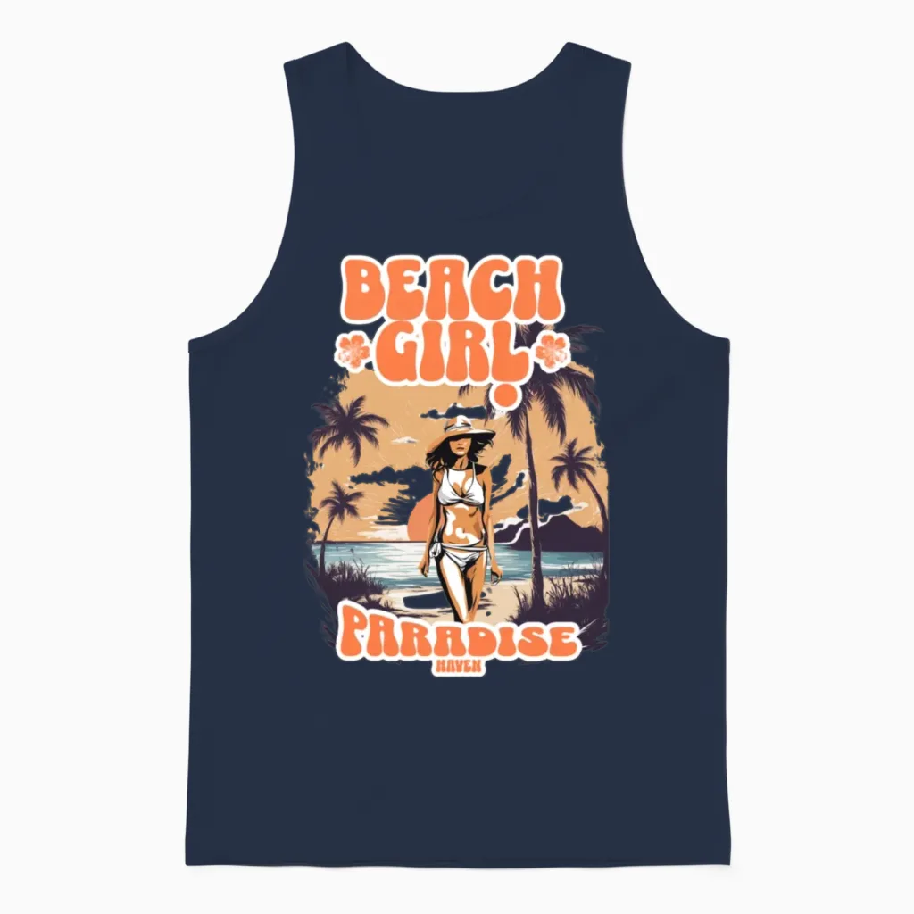 'beach Girl, Paradise Haven' Beach Scene Gd Unisex Tank Top in Navy