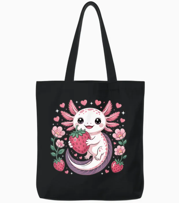 Axolotl Erdbeere Kawaii Anime Axolotl Tote Bags in Black