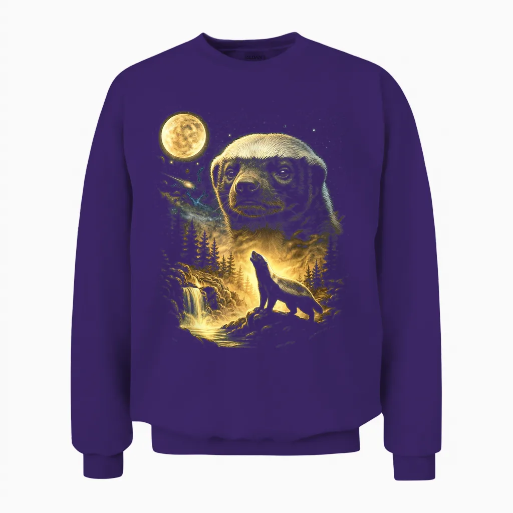 Honey Badger Howling to the Moon Meme Funny 90's Honey Badger Unisex Sweatshirt in Purple