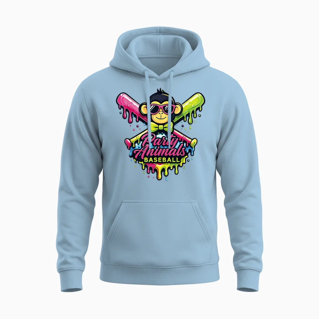 Party Animals Baseball Funny Monkey Unisex Hoodie in Light Blue