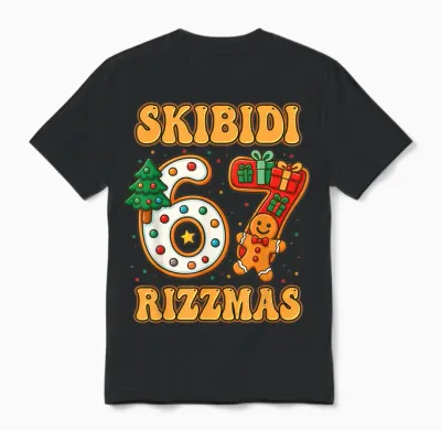 Skibidi 67 Rizzmas Funny Six Seven Meme Christmas Boys Girls Unisex T-Shirt - Black