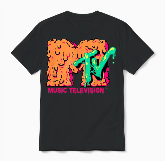 Mademark X Mtv - Mtv Logo Orange Slimy Goo Green Slime Melted Mtv Unisex T-Shirt in Black