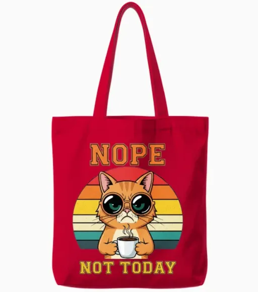 Funny Grumpy Cat Nope Not Today Retro 80s Coffee Tote Bags in Red