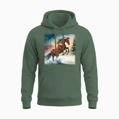 Horse in Snow Unisex Hoodie - Military Green