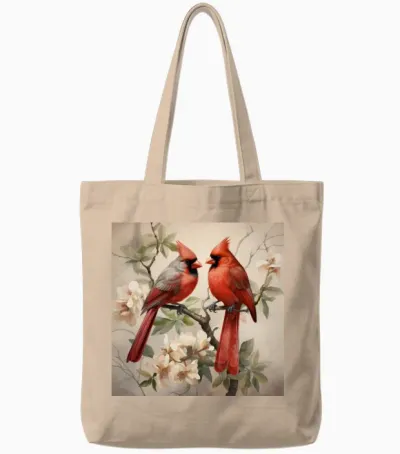 Northern Red Cardinal Birds with Flowers Tote Bags - Natural