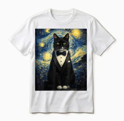 Tuxedo Cat Starry Night Van Gogh Inspired Painting Black Cat Unisex T-Shirt - White