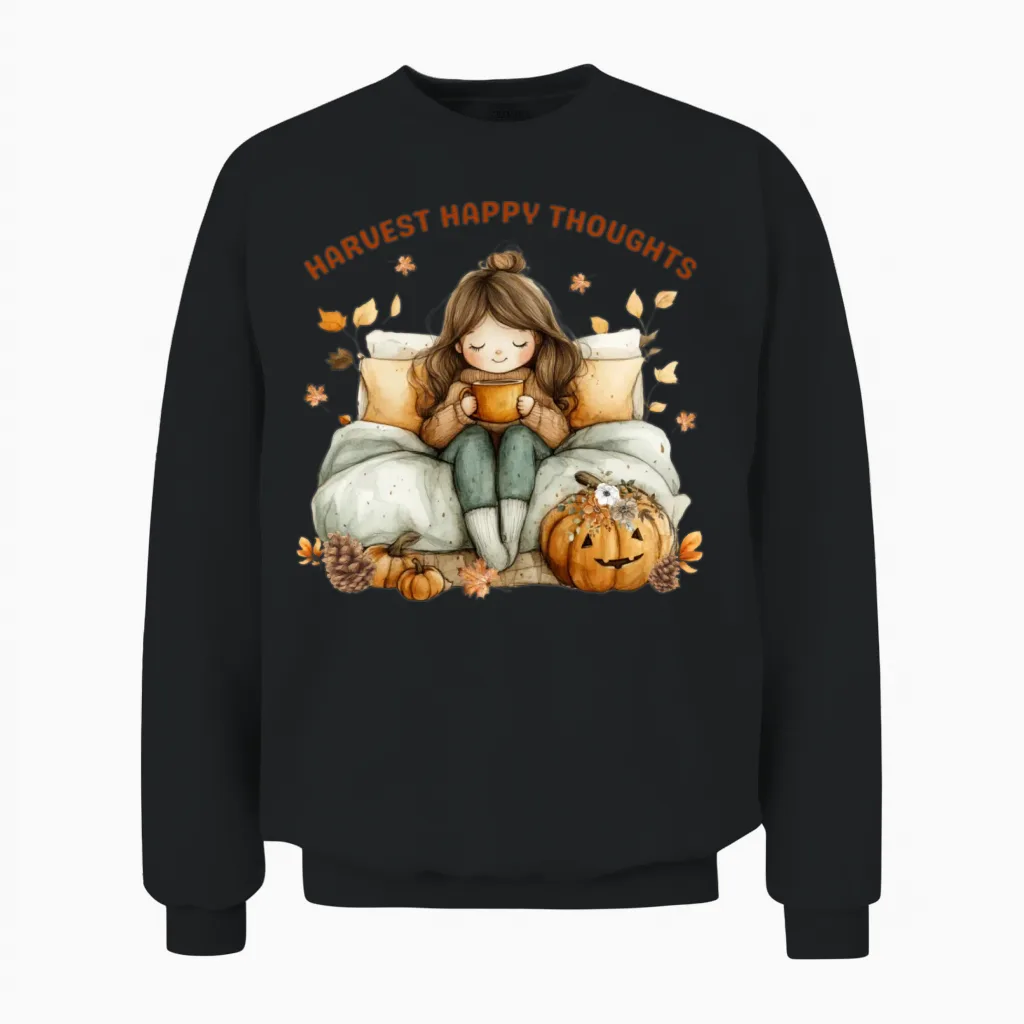 Harvest Cozy Autumn Girl Illustration Unisex Sweatshirt - Black