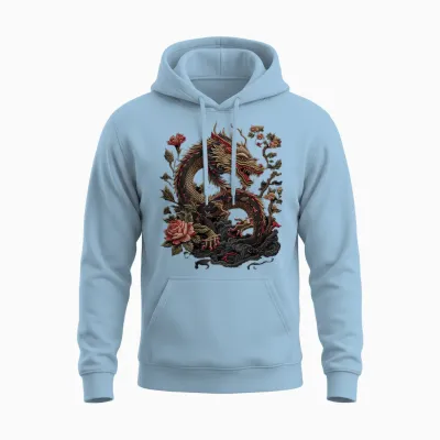 Elegant Chinese Calligraphy Dragon Yin and Yang Dragon T-Shirt, Black Unisex Hoodie - Light Blue