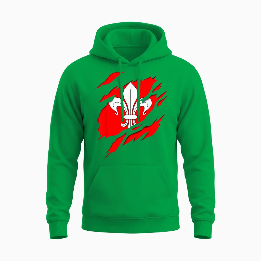 Flag Lille Coat of Arms Torn with 3d Effect. France Unisex Hoodie in Irish Green