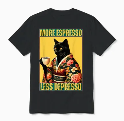 More Espresso Less Depresso Kimono Cat Japanese Art T-Shirt, Black Unisex T-Shirt - Black